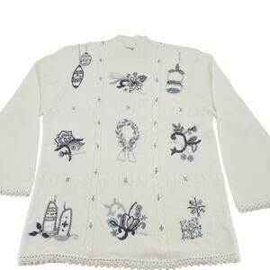 Vintage Koret White Silver Embroidered Metallic Christmas Holiday Sweater Size L